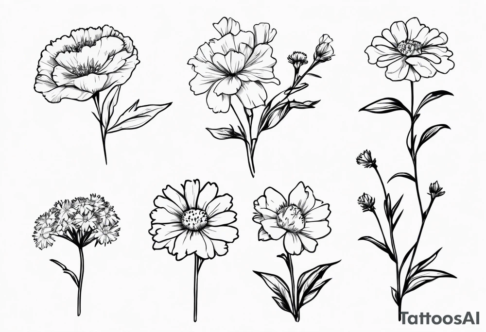 a simplistic bouquet of forget me not , carnation , and aster flowers with a stem tattoo idea