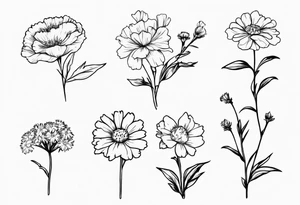 a simplistic bouquet of forget me not , carnation , and aster flowers with a stem tattoo idea