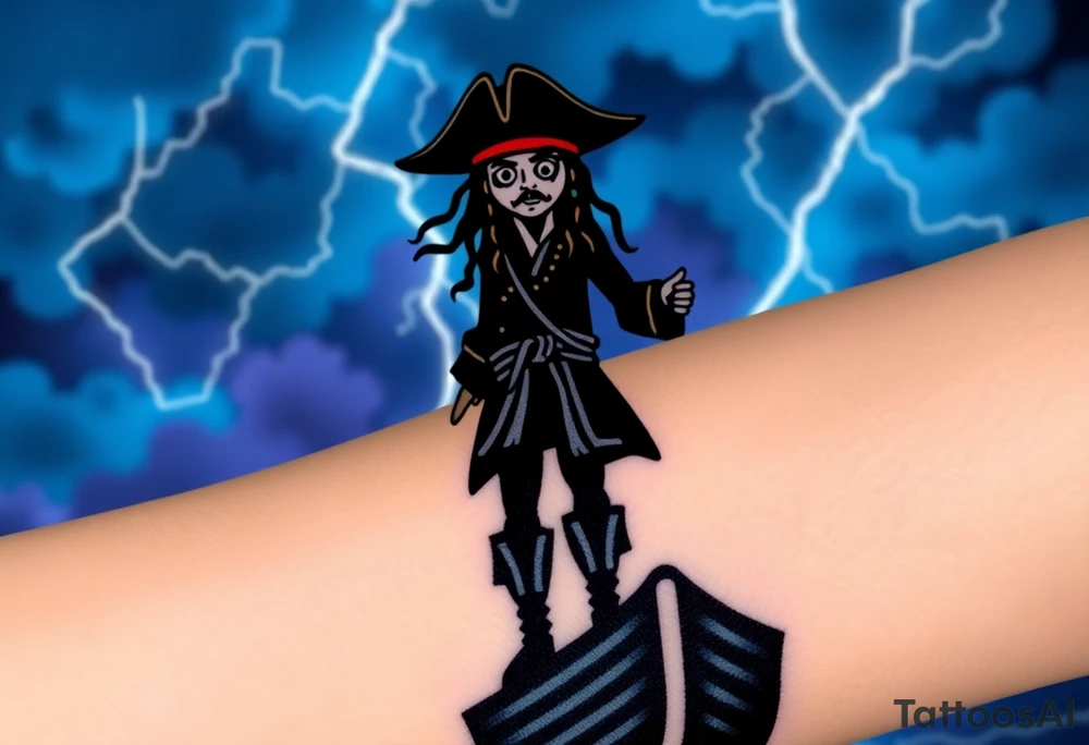 A dark silhouette of Jack Sparrow standing on the bow of a ship, with lightning illuminating the stormy sky behind him in deep blues and purples. tattoo idea