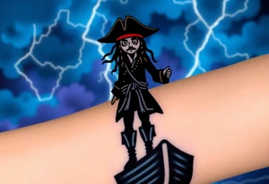 A dark silhouette of Jack Sparrow standing on the bow of a ship, with lightning illuminating the stormy sky behind him in deep blues and purples. tattoo idea