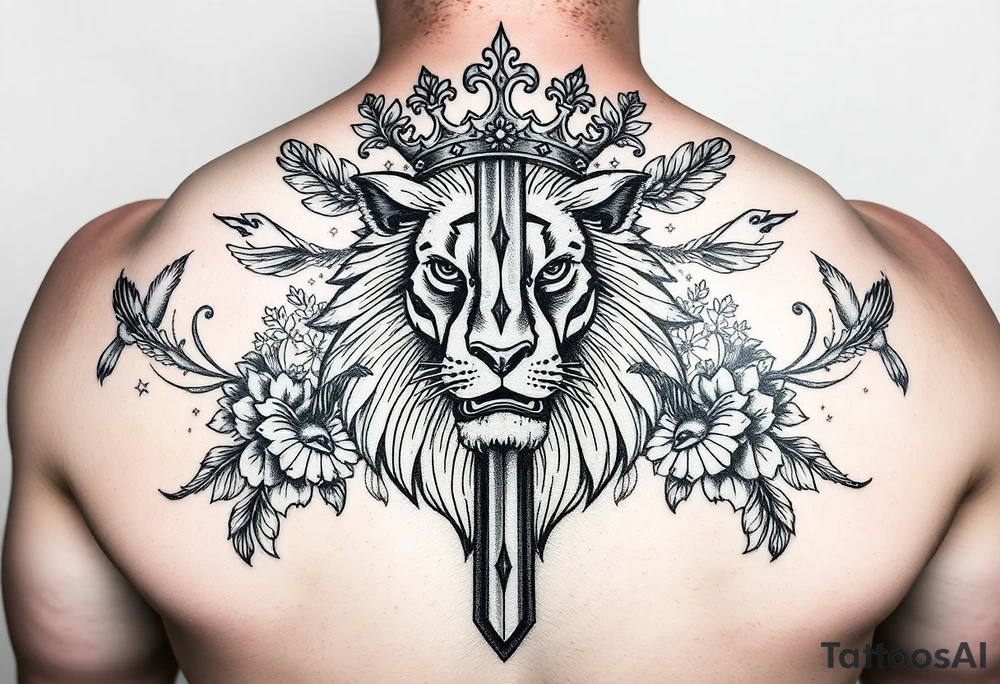 a cross in the baclkround of a powerful majestic lion with a crown surrounded by throrns, floral ornaments and birds tattoo idea
