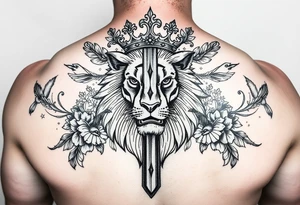 a cross in the baclkround of a powerful majestic lion with a crown surrounded by throrns, floral ornaments and birds tattoo idea
