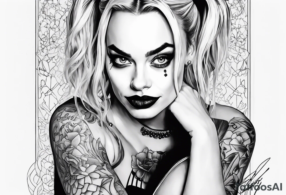 Harley Quinn sitting full body Margot Robbie sad tattoo idea