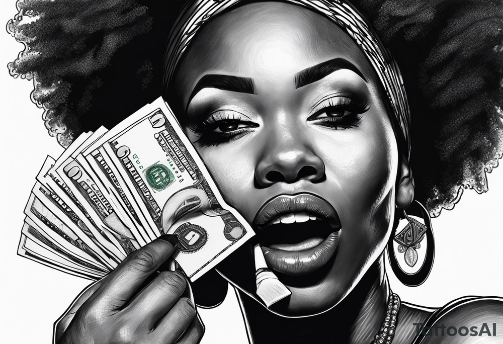 african woman biting money tattoo idea
