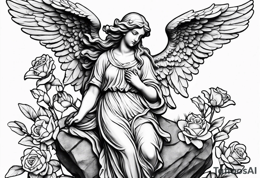 Simple Angel statue stood on a rock with daffodils and roses wrapped around its legs tattoo idea