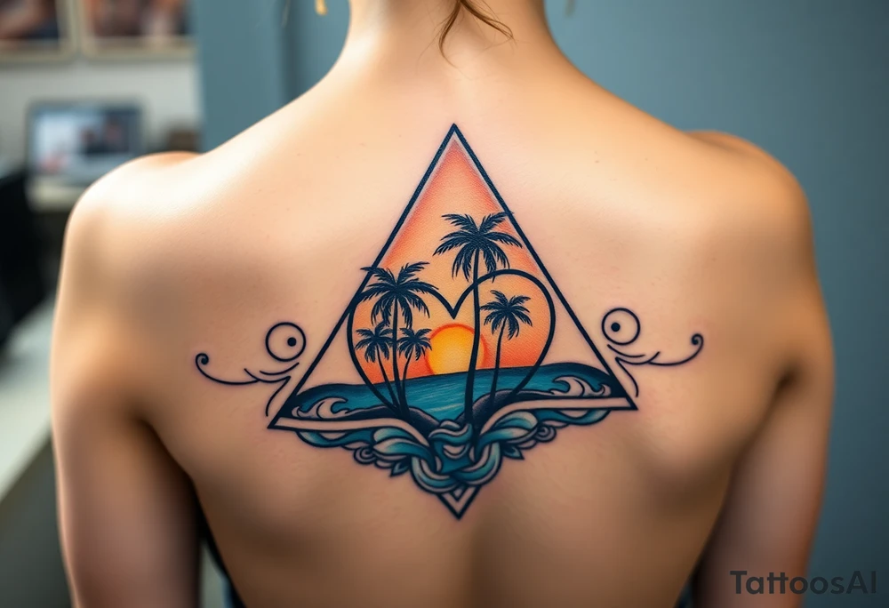 A triangle with a big heart in the center with an ocean theme and palm trees tattoo idea