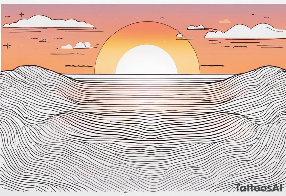 You're adding way too much. Please tone it back. Fine line, minimal sunset. Only Ocean and sunset in the image. Very calm waters with barely any waves. tattoo idea