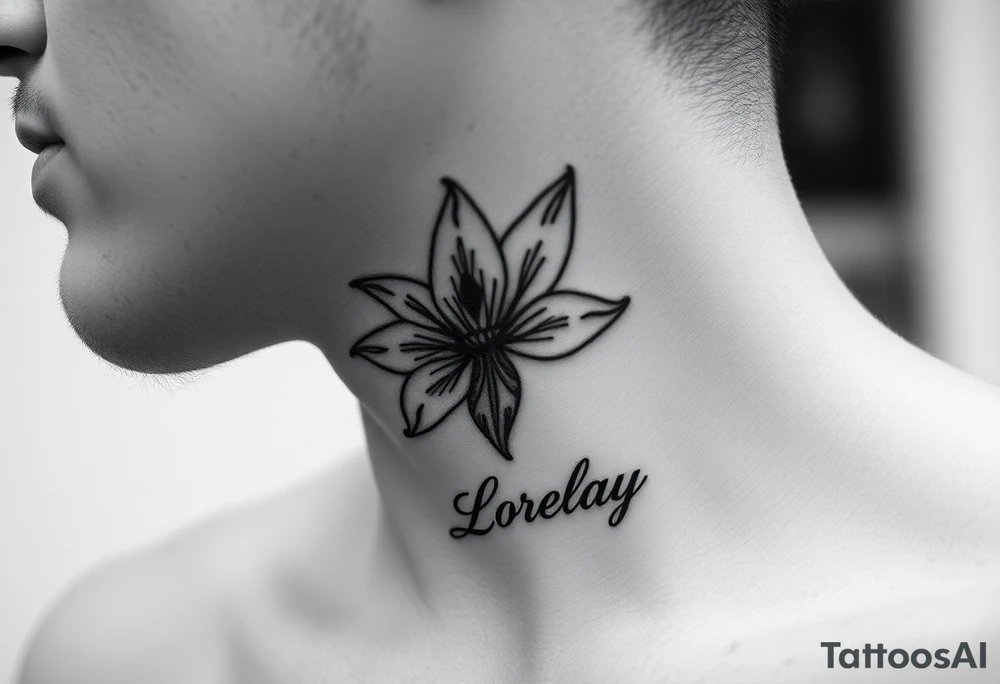 Crea un diseño significativo sobre la flor de bayahibe egipcia y que tenga el nombre escrito por de bajo del diseño el nombre de mi hermana Lorelay para la parte baja del bíceps tattoo idea
