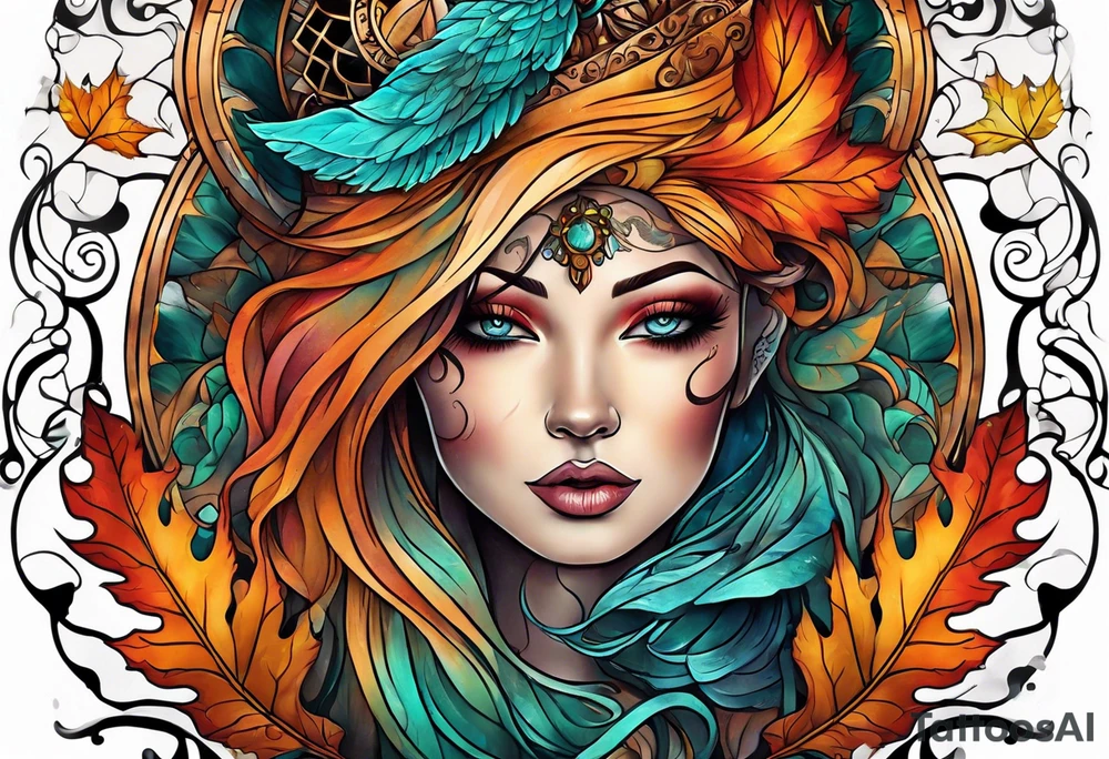 Knee tattoo in fall colors with water flow washes tattoo idea