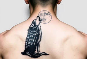 lone wolf howling at full moon with northern lights backdrop tattoo idea