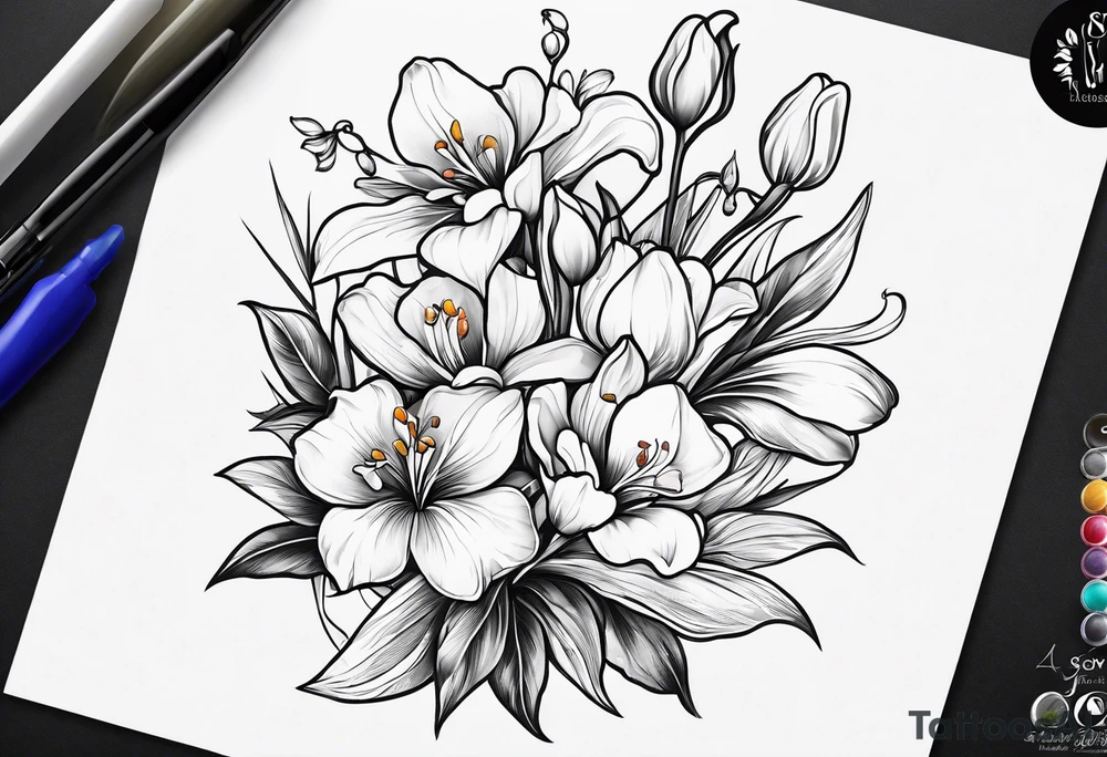 i want a bouquet of flowers that include a snowdrop, iris, cherry blossom, daisy and morning glory tattoo idea