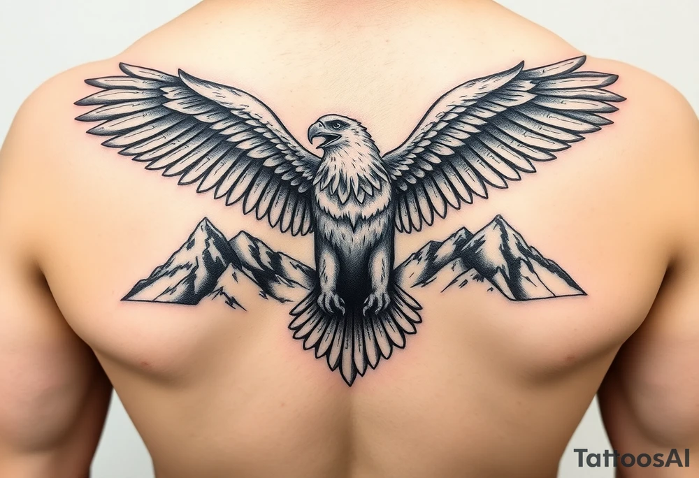 majestic eagle spreading wings against mountain peaks tattoo idea