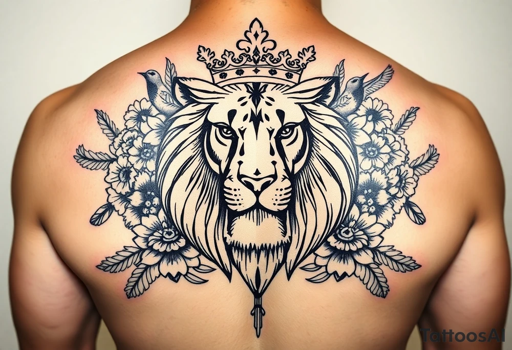 powerful majestic lion with a crown, surrounded by floral ornaments and birds tattoo idea
