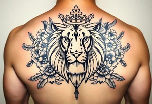 powerful majestic lion with a crown, surrounded by floral ornaments and birds tattoo idea