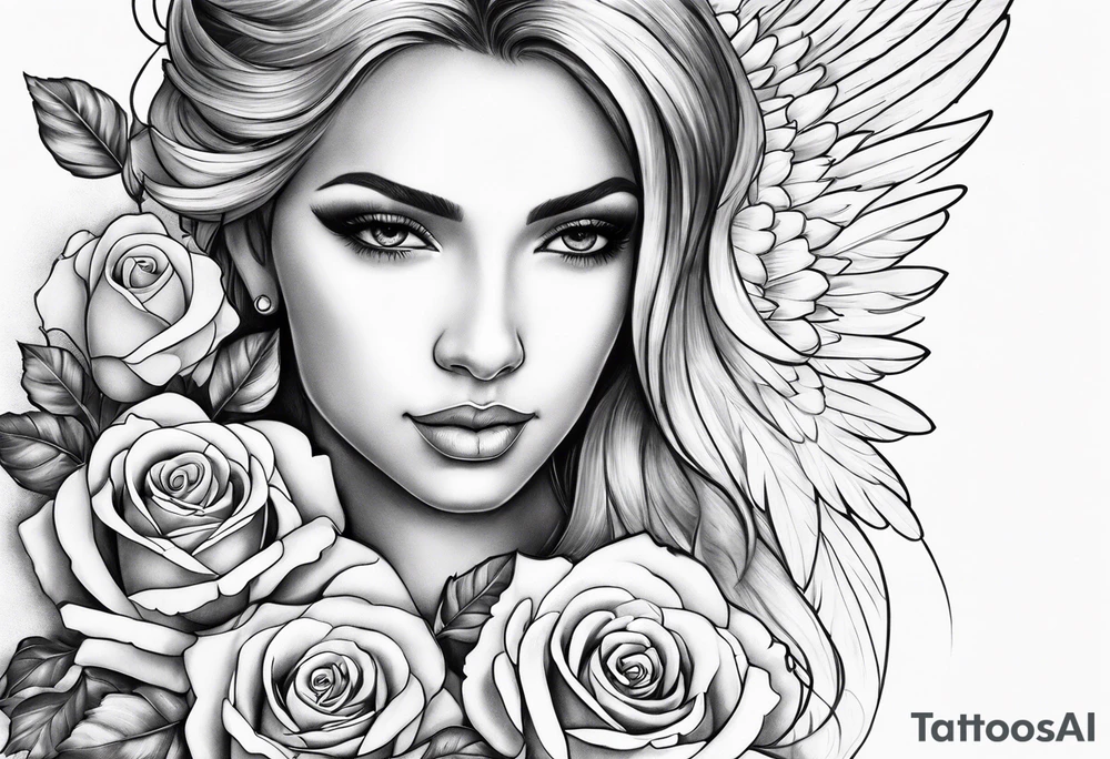 Angel, roses, name MARTINA tattoo idea