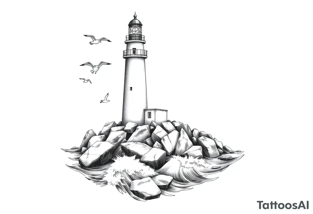 Lighthouse surrounded by a few boulders in the sea with high waves and seagulls flying around tattoo idea