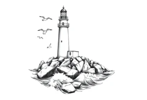 Lighthouse surrounded by a few boulders in the sea with high waves and seagulls flying around tattoo idea