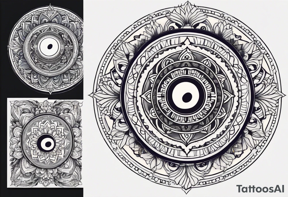 Mandala tattoo that incorporates yin and yang and music tattoo idea