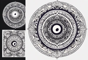 Mandala tattoo that incorporates yin and yang and music tattoo idea