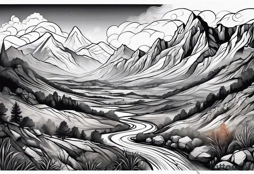 renaissance but western looking plateau and valley with great vastness tattoo idea