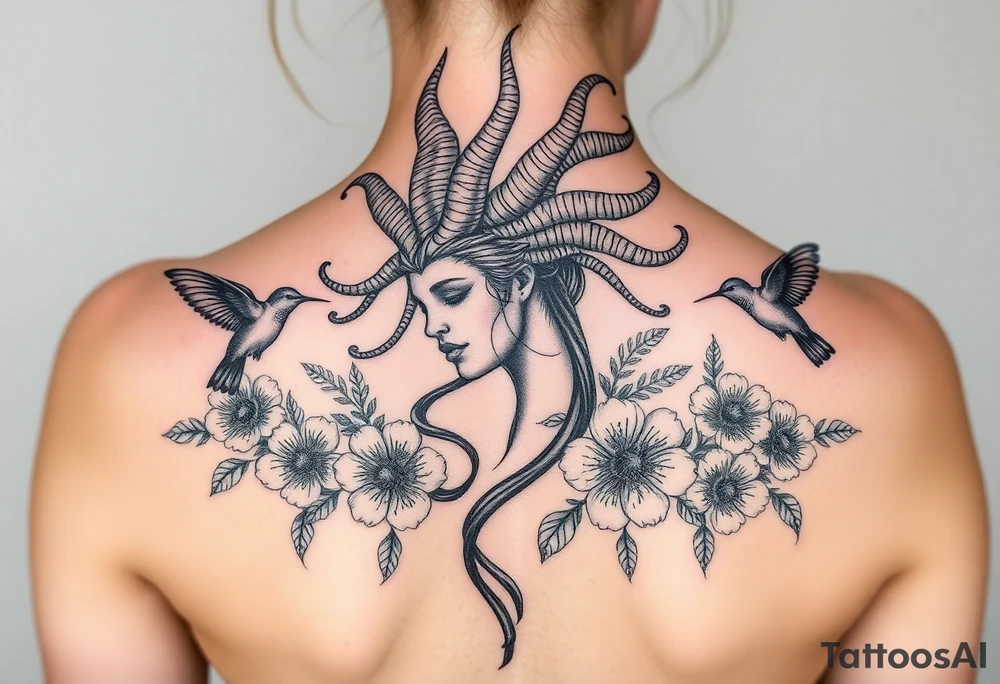 medusa surrounded by hummingbirds and flowers tattoo idea