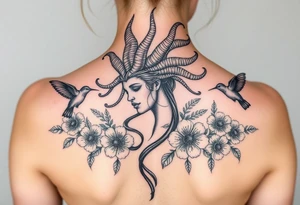 medusa surrounded by hummingbirds and flowers tattoo idea