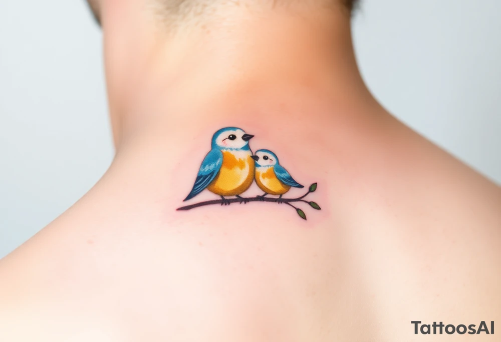 A mother and baby bird perched on a branch, with soft watercolor strokes in pastel blue and warm yellow, symbolizing love and guidance tattoo idea