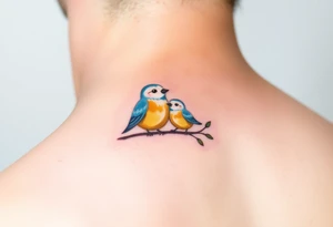 A mother and baby bird perched on a branch, with soft watercolor strokes in pastel blue and warm yellow, symbolizing love and guidance tattoo idea