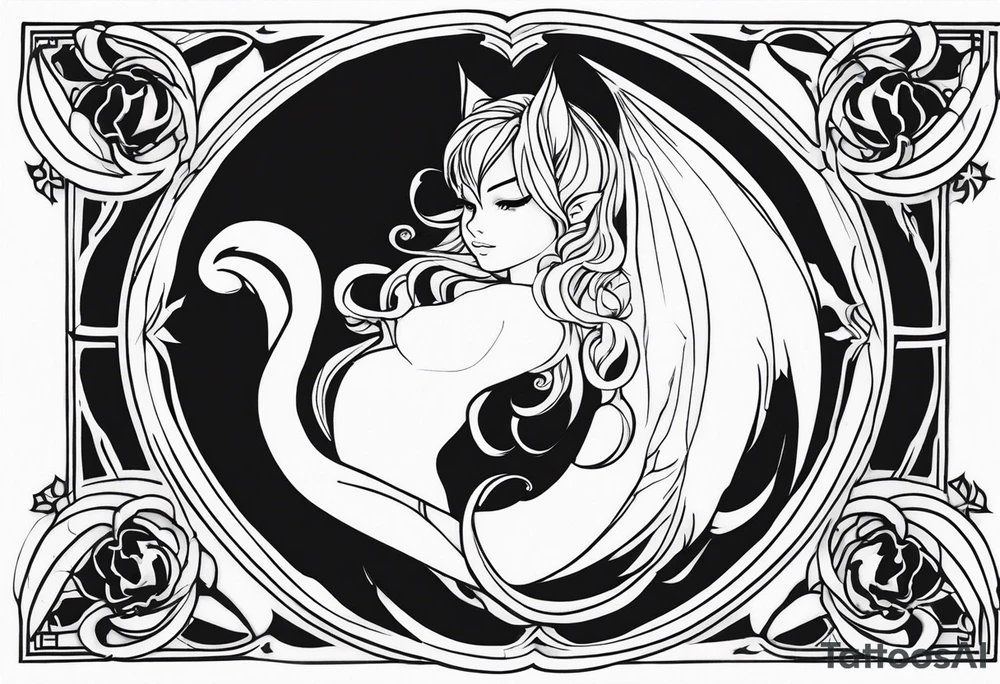 A fairy with a tail inspired by the logo of the show called Fairy Tail in a fetal position leaning in tattoo idea