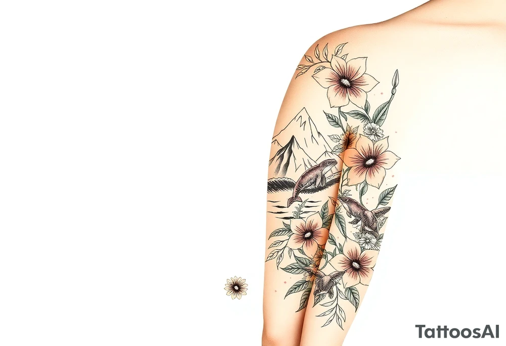 half sleeve, hawaiian theme, with water, mountains, tropical flowers, turtles, dolphins. tattoo idea