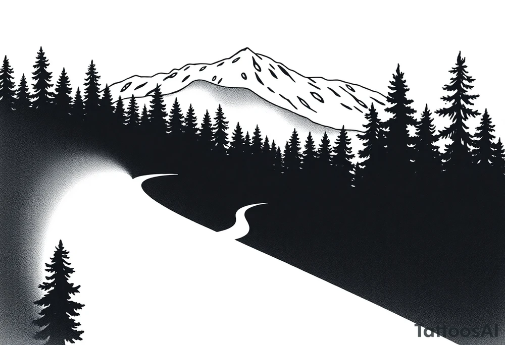A minimalist design with a narrow path cutting through a dense forest, leading toward snow-capped mountains in the distance. The contrast between the dark woods (from Exile) and the snow-covered mountains (from Out of the Woods) shows the transition from hardship to hope. The path could be subtly winding, suggesting that the way forward is unclear, yet still leading to something more peaceful. tattoo idea