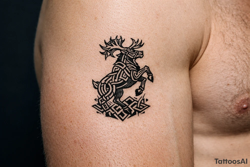 Caribou in Norse knot work open line concept mammen style stipple shading with animal on rear legs tattoo idea