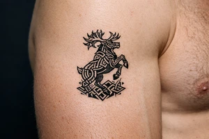 Caribou in Norse knot work open line concept mammen style stipple shading with animal on rear legs tattoo idea