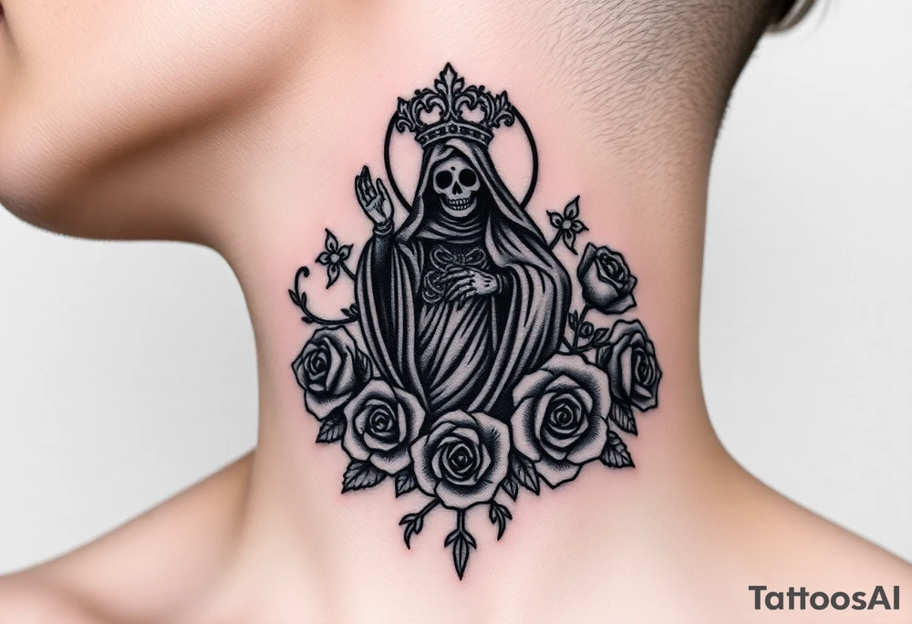 Evil Santa muerte rising out of smoke surrounded by 
 roses tattoo idea