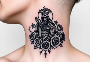 Evil Santa muerte rising out of smoke surrounded by 
 roses tattoo idea