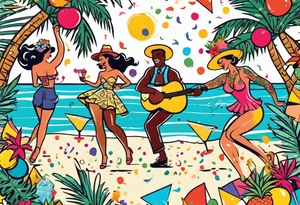 vintage beach dance party with music and confetti, tropical drinks tattoo idea