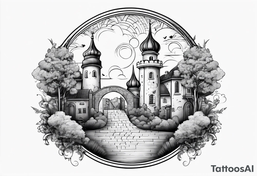 heaven summer town with tower houses gate entrance 
 in circle transparent clouds  vignette tattoo ink tattoo idea