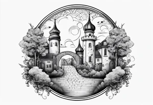 heaven summer town with tower houses gate entrance 
 in circle transparent clouds  vignette tattoo ink tattoo idea