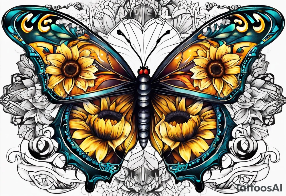 Half butterfly half sunflower tattoo idea