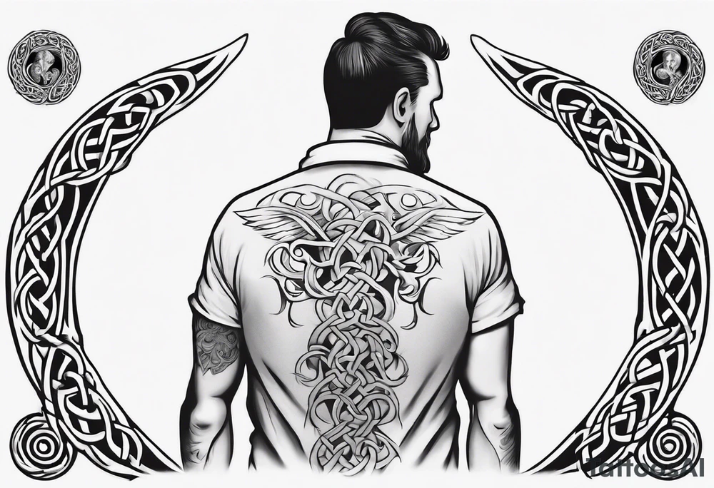 a father with his son on his shoulders from behind. A subtle design on their backs of celtic music. tattoo idea