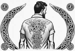 a father with his son on his shoulders from behind. A subtle design on their backs of celtic music. tattoo idea