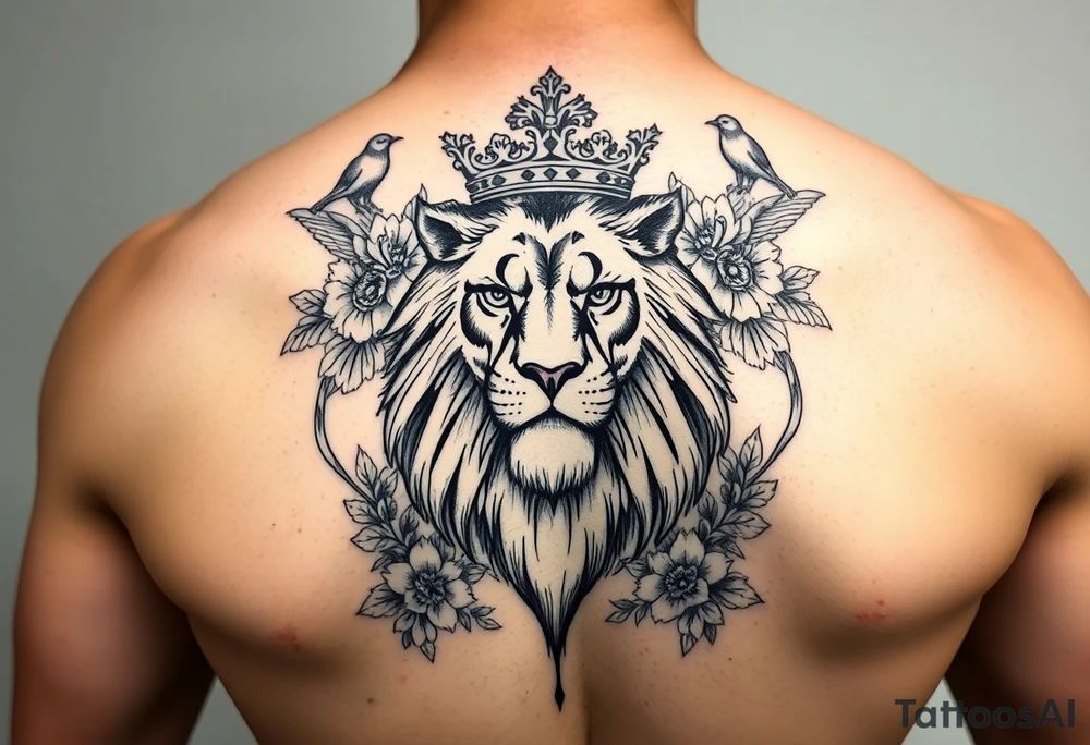 powerful majestic lion with a crown, surrounded by floral ornaments and birds tattoo idea