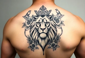 powerful majestic lion with a crown, surrounded by floral ornaments and birds tattoo idea