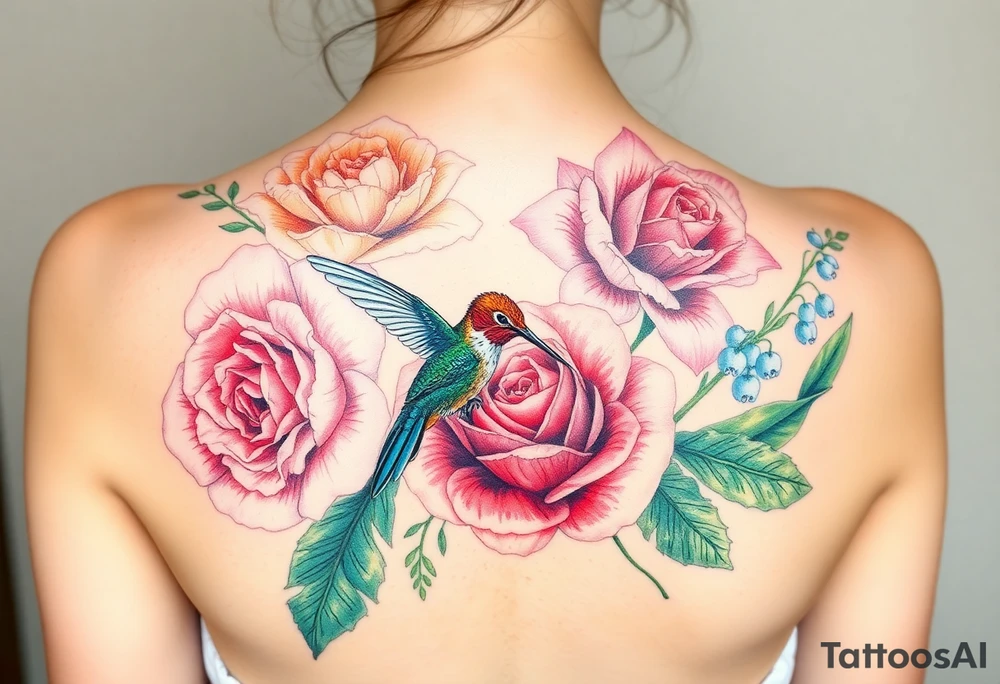 Bouquet of flowers with watercolors carnation, rose, Lily of the valley, delphinium with stems Starting upper middle back to right shoulder With Rufos humming bird feeding on rose.  Soft tones tattoo idea