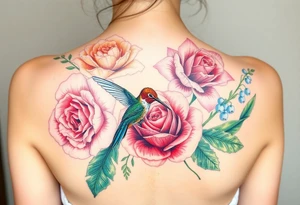 Bouquet of flowers with watercolors carnation, rose, Lily of the valley, delphinium with stems Starting upper middle back to right shoulder With Rufos humming bird feeding on rose.  Soft tones tattoo idea