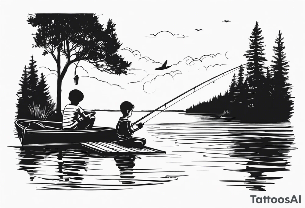 forearm tattoo set on a lake. At the bottom of the tattoo there is a boat dock with a little boy fishing and a little girl reading. There are trees surrounding the lake. tattoo idea