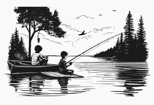 forearm tattoo set on a lake. At the bottom of the tattoo there is a boat dock with a little boy fishing and a little girl reading. There are trees surrounding the lake. tattoo idea