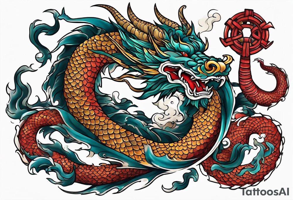 Create a detailed tattoo of Asian dragon wrapping around an anchor centered on taeguk. tattoo idea