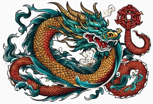 Create a detailed tattoo of Asian dragon wrapping around an anchor centered on taeguk. tattoo idea