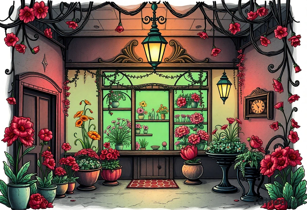 Tim Burton’s flower shop is abandoned and dripping with muted reds, dusty pinks, and eerie green glow. tattoo idea tattoo idea